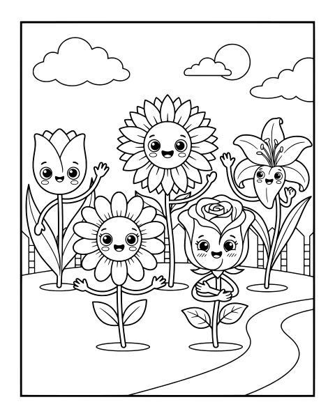 Cute Flower Friends Coloring Page