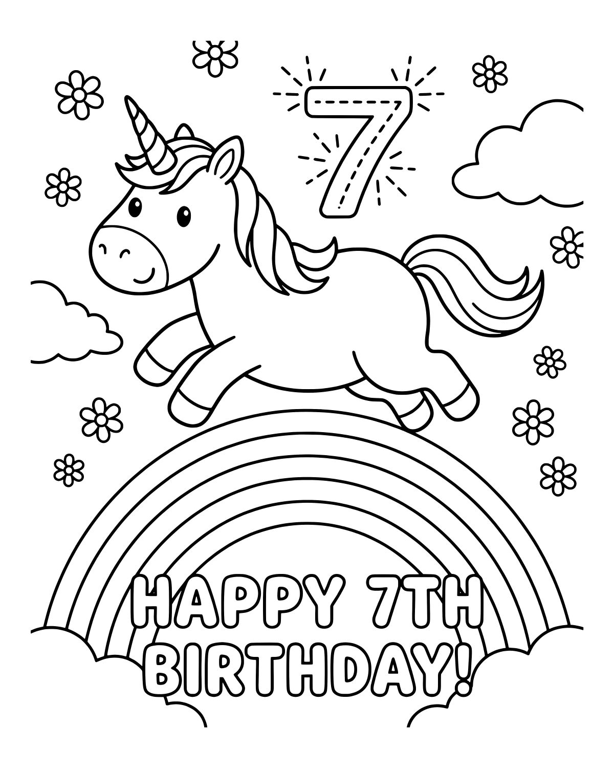 Unicorn Seventh Birthday Coloring Page