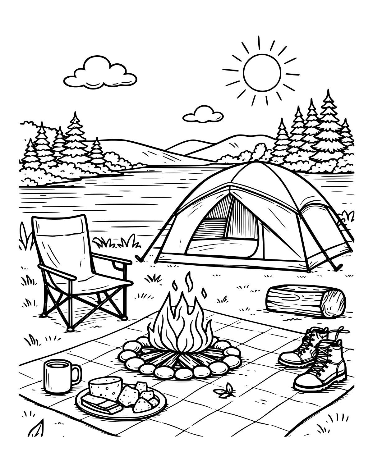 Lakeside Camping Scene Coloring Page