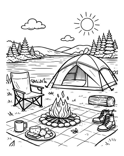 Lakeside Camping Scene Coloring Page