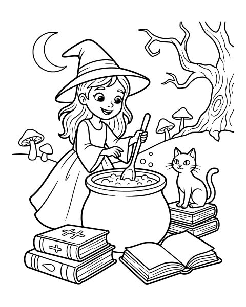 Cute Witch Brewing Coloring Page
