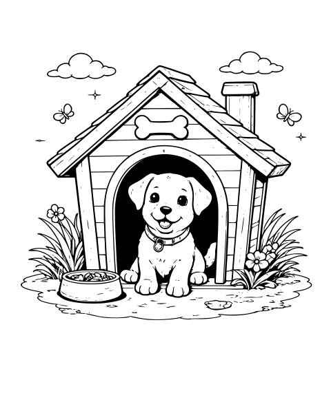 Puppy in Doghouse Coloring Page