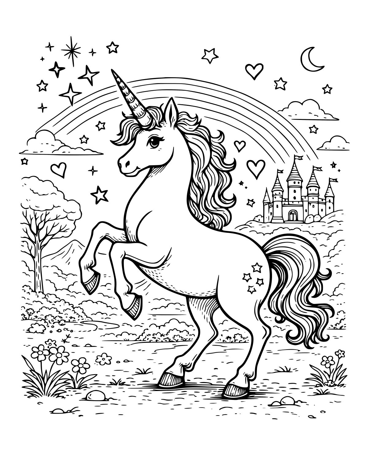 Magical Unicorn Rainbow Scene Coloring Page