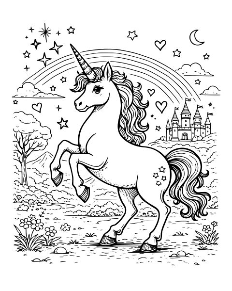 Magical Unicorn Rainbow Scene Coloring Page