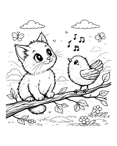 Kitten and Singing Bird Coloring Page