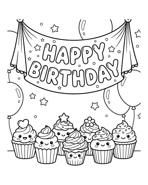 Happy Birthday Cupcakes Coloring Page