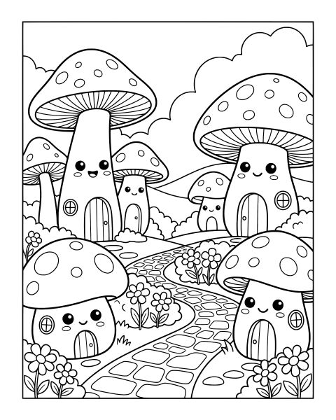 Kawaii Mushroom Village Coloring Page