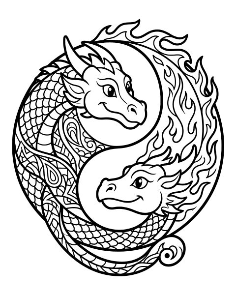 Yin Yang Dragons Coloring Page