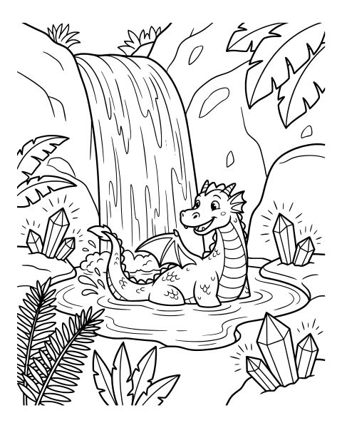Cute Dragon Waterfall Coloring Page