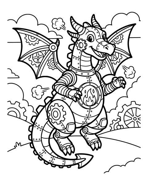 Steampunk Robot Dragon Coloring Page