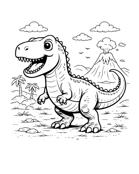 Cute T-rex Volcano Coloring Page