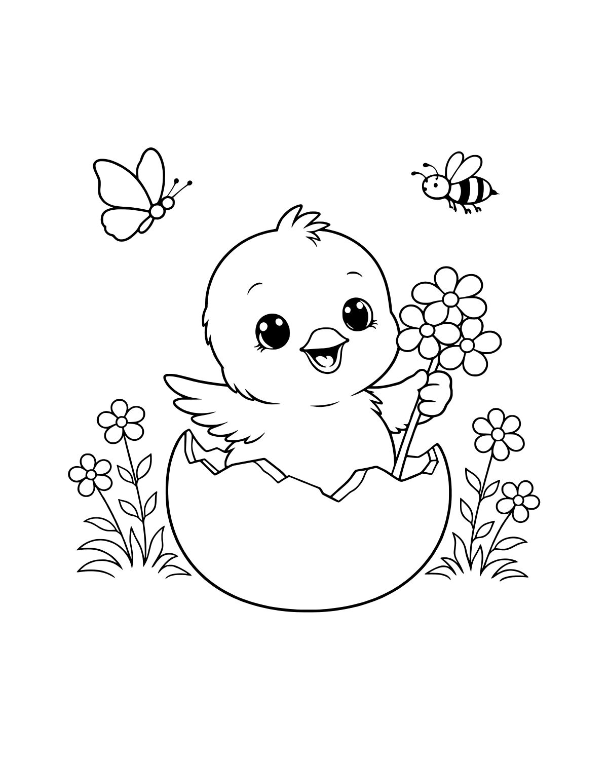 Hatching Chick with Flowers Coloring Page