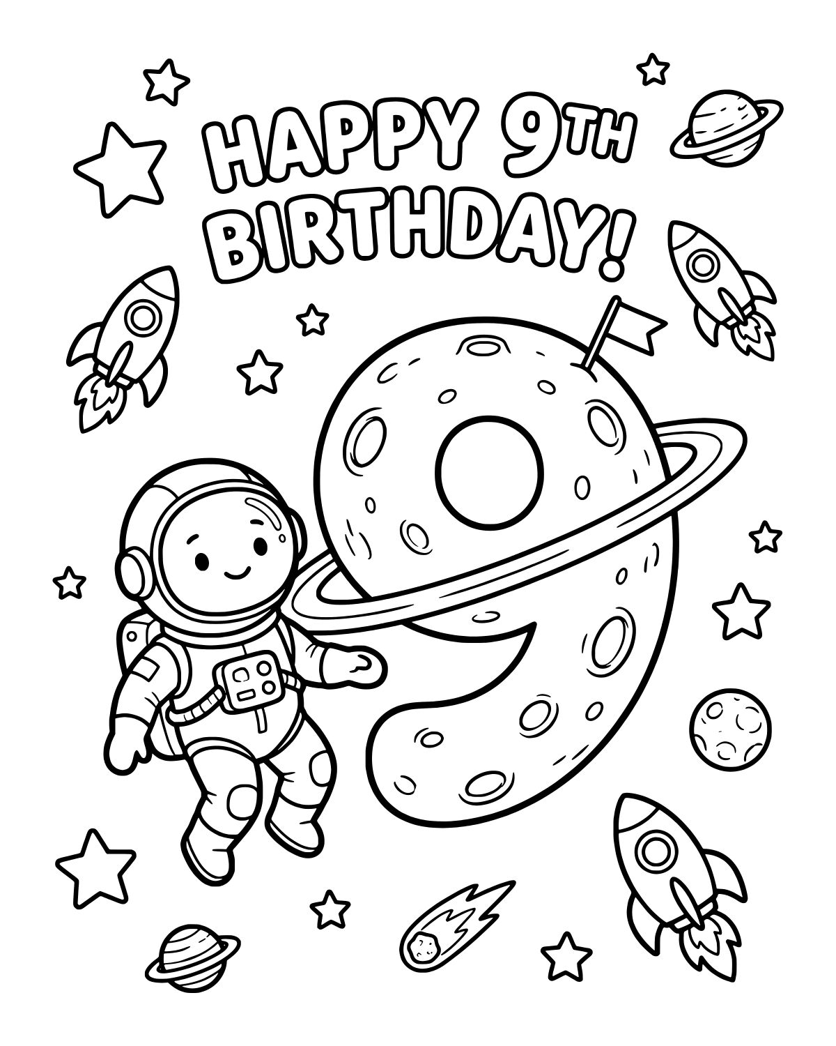 Astronaut Ninth Birthday Coloring Page