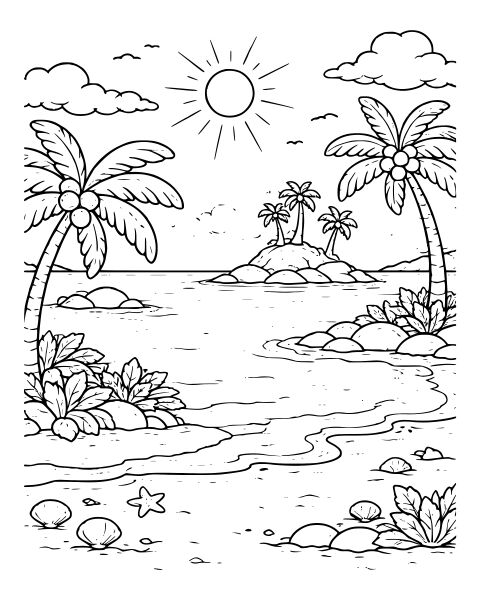 Tropical Beach Paradise Coloring Page