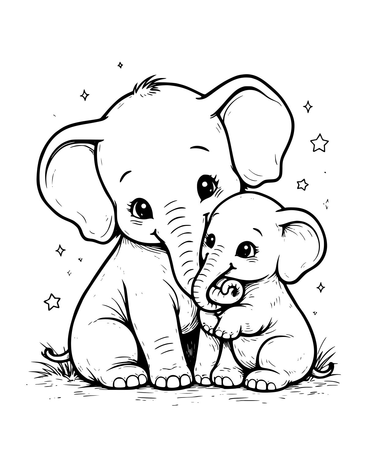 Cute Baby Elephants Hug Coloring Page