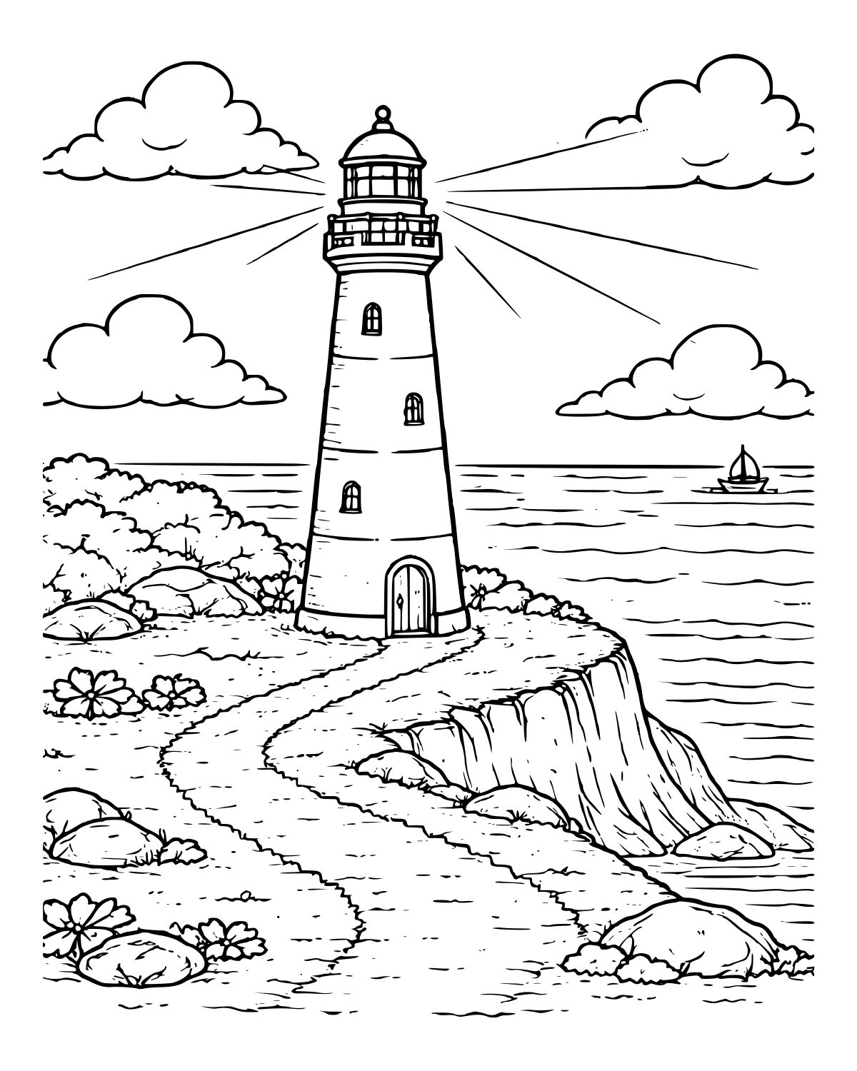 Coastal Lighthouse Cliff Coloring Page