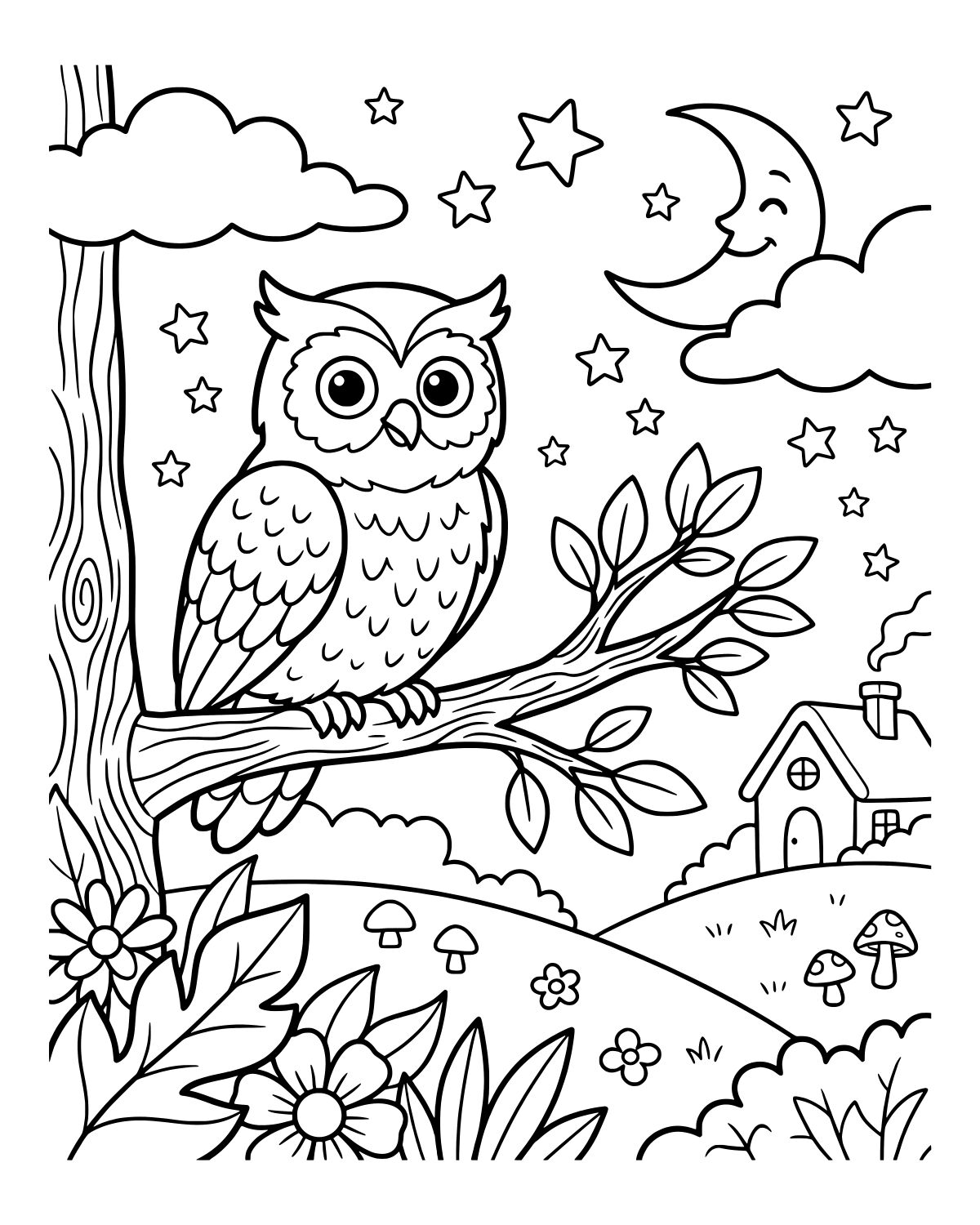 Owl Night Sky Coloring Page