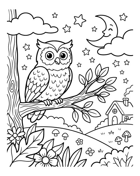 Owl Night Sky Coloring Page