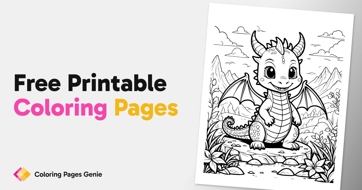 Majestic Dragon Coloring Page with Wings, Horns, and Hills