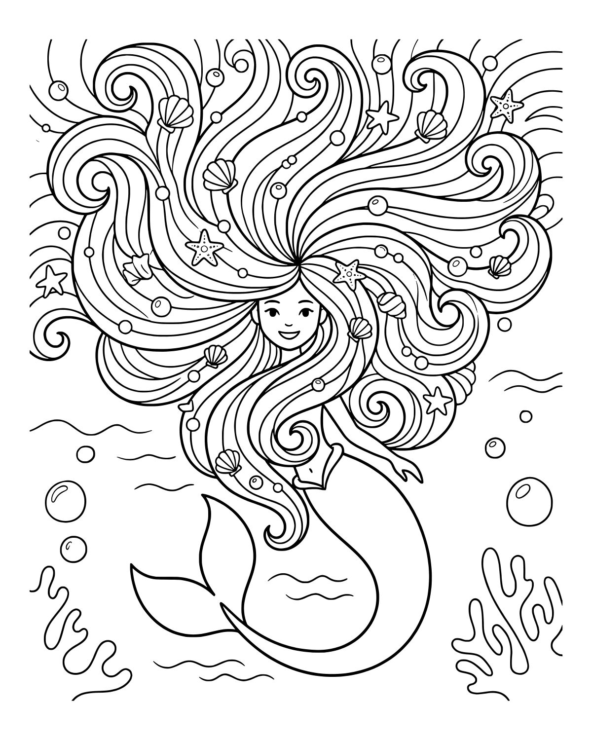 Mermaid with Flowing Hair Coloring Page