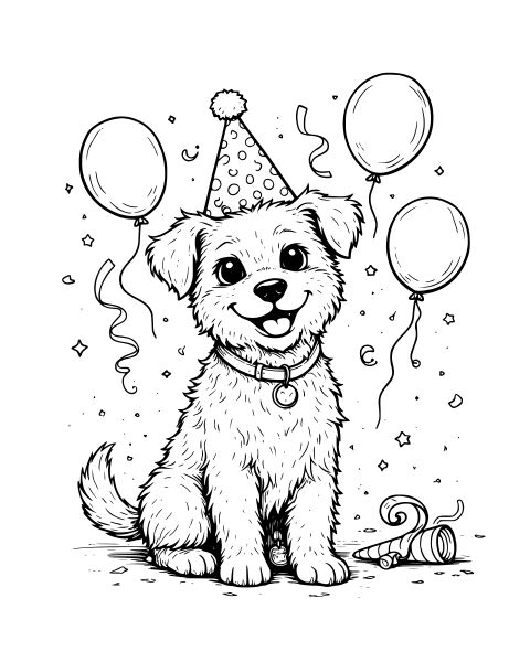Birthday Party Puppy Coloring Page