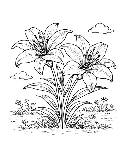 Blooming Lily Garden Coloring Page