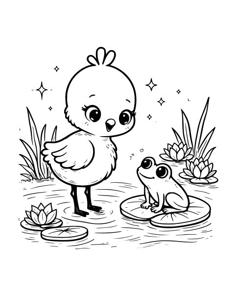 Chick and Frog Coloring Page