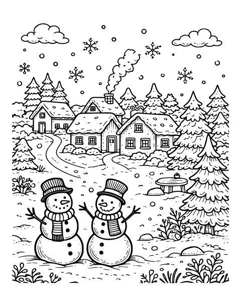 Snowmen Winter Village Coloring Page