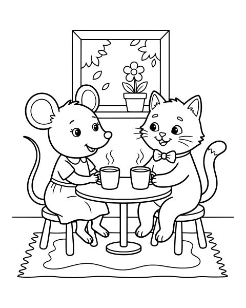 Mouse Cat Tea Coloring Page