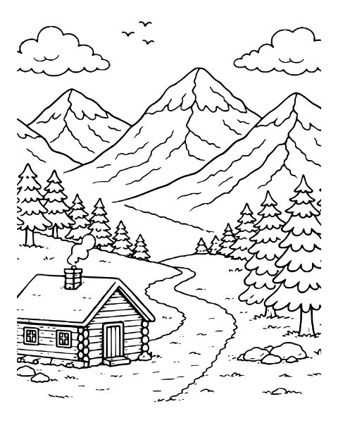 Cozy Cabin Mountain View Coloring Page