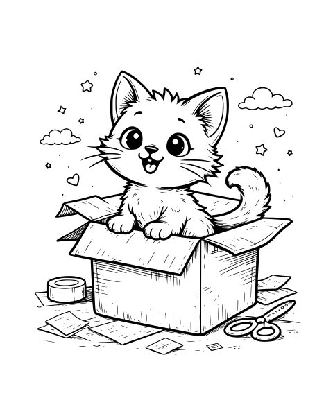 Kitten in Cardboard Box Coloring Page