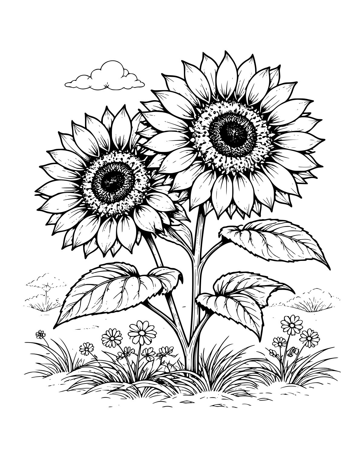 Twin Sunflowers Garden Scene Coloring Page