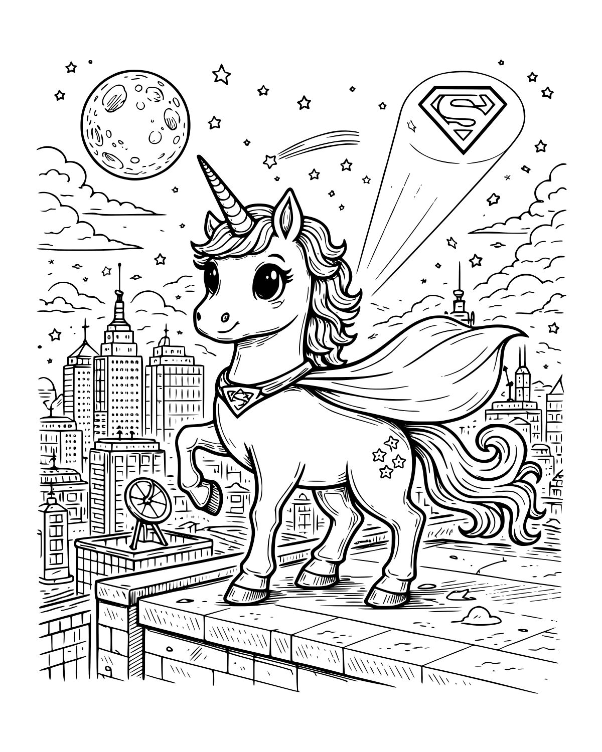 Superhero Unicorn Skyline Coloring Page