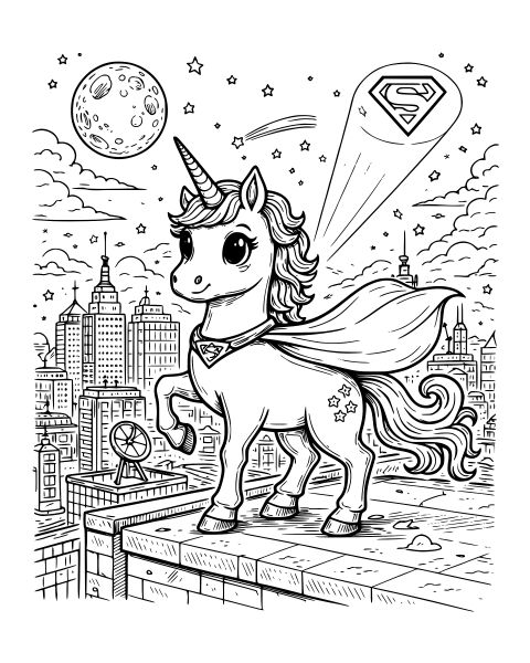 Superhero Unicorn Skyline Coloring Page