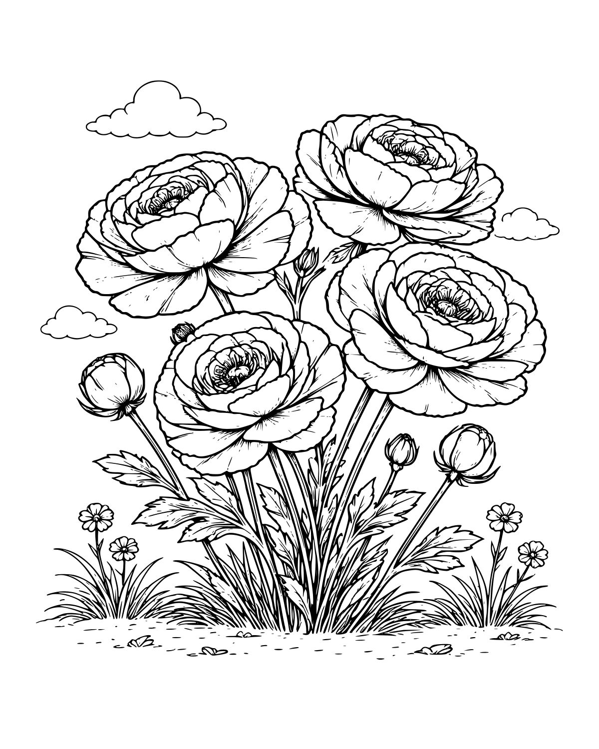 Blooming Ranunculus Garden Coloring Page
