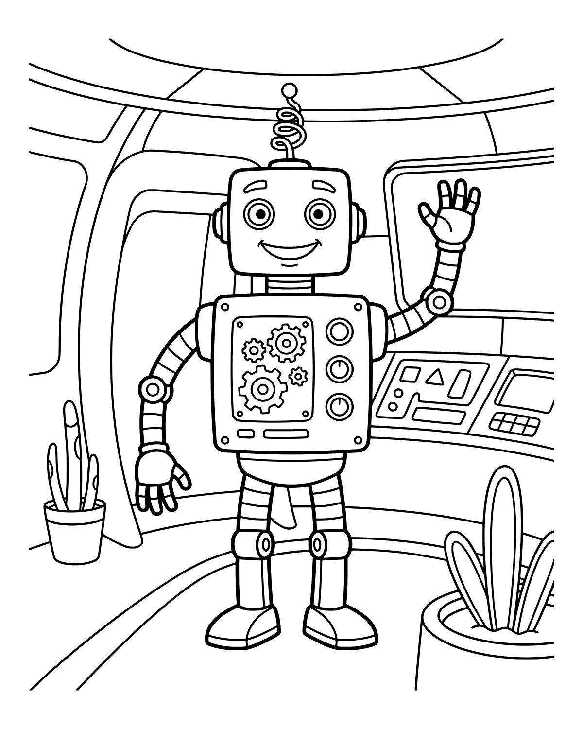 Friendly Waving Robot Coloring Page