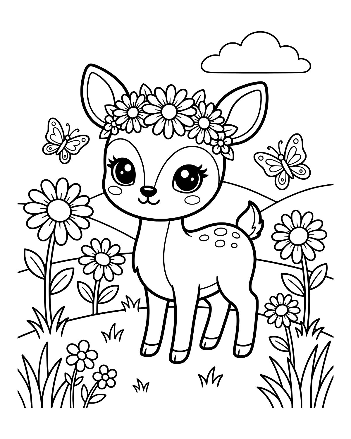Cute Fawn Flower Crown Coloring Page
