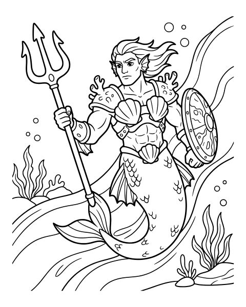Merman Warrior Hero Coloring Page