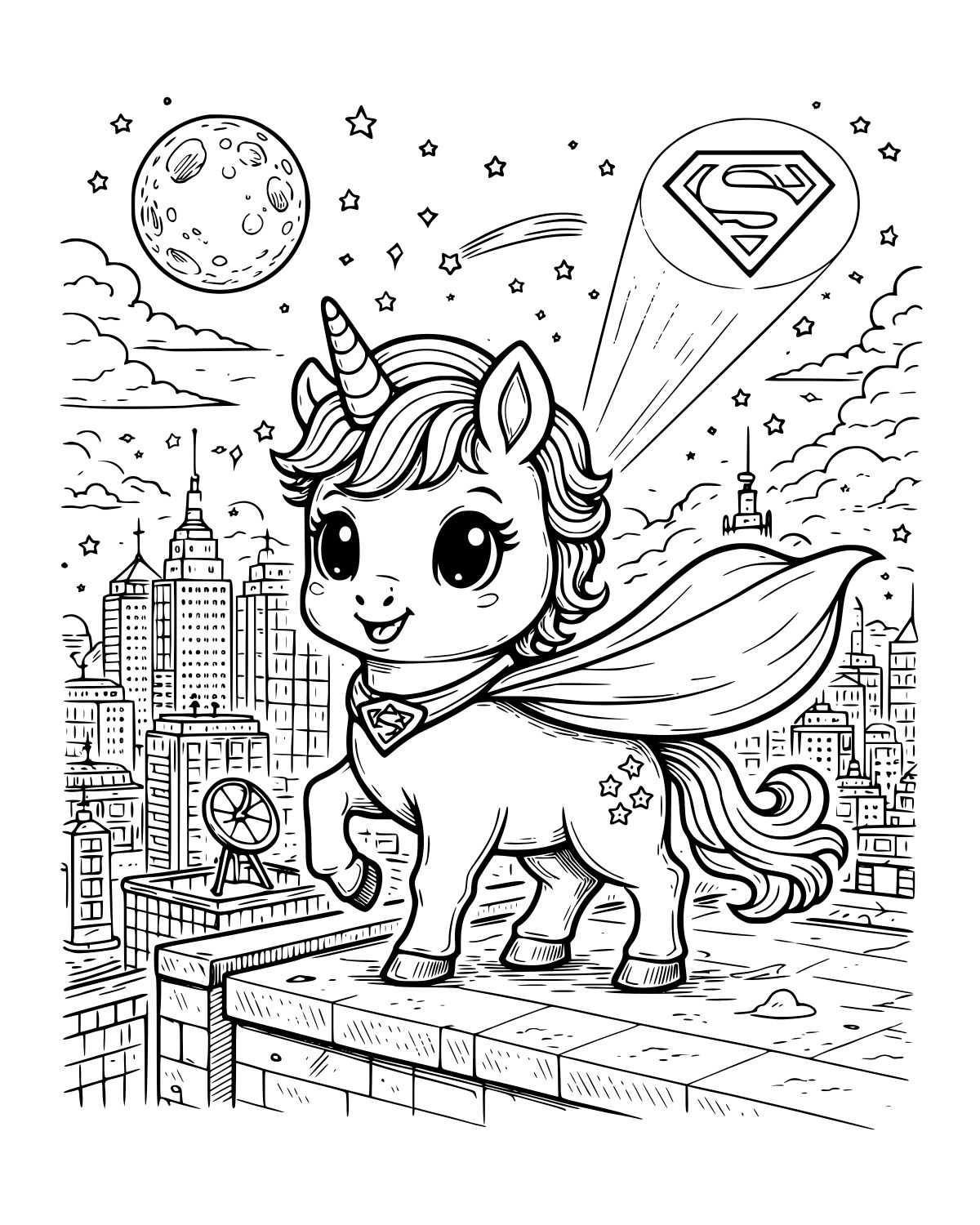Superhero Unicorn Cityscape Coloring Page