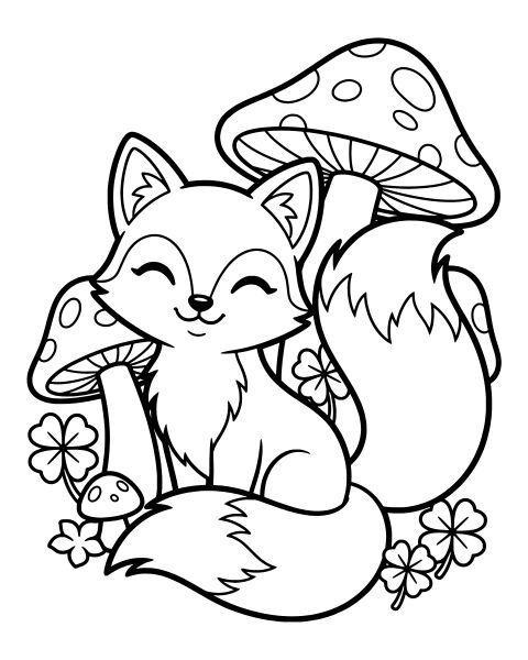Cute Fox Mushrooms Coloring Page