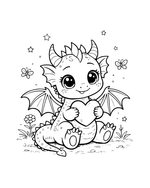 Baby Dragon Holding Heart Coloring Page