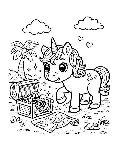 Unicorn Treasure Hunt Coloring Page