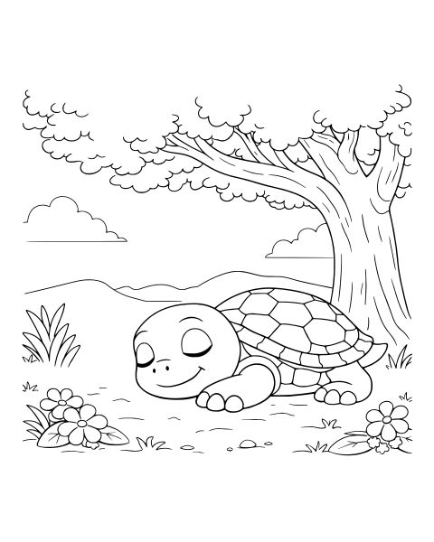 Sleeping Turtle Under Tree Coloring Page