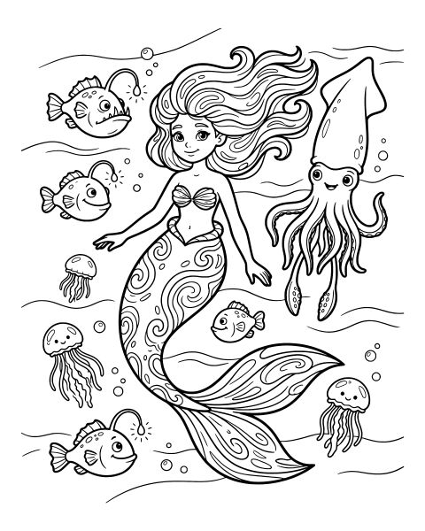 Mermaid Underwater Friends Coloring Page