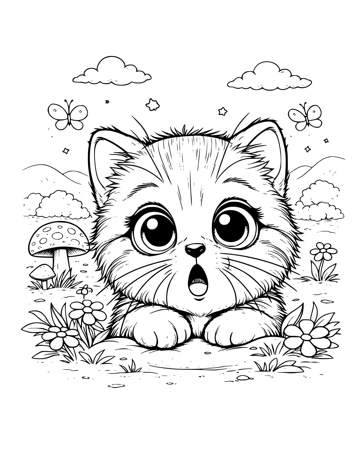 Cute Kitten Meadow Coloring Page