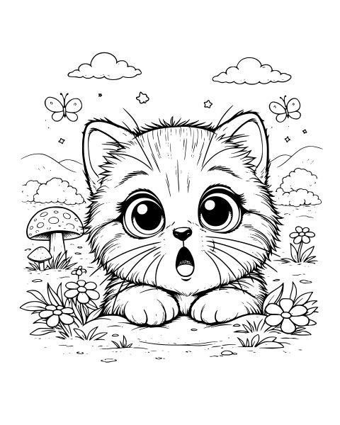 Cute Kitten Meadow Coloring Page