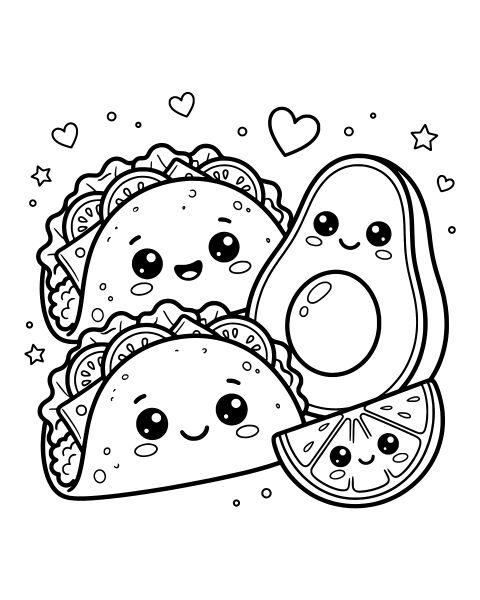 Kawaii Taco Avocado Coloring Page