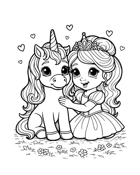 Princess Hugging Unicorn Coloring Page