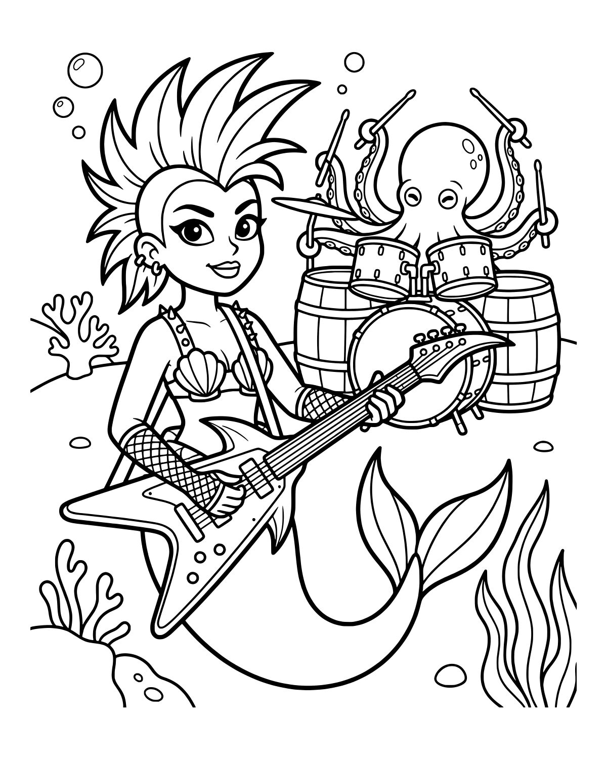 Rockstar Mermaid Musician Coloring Page