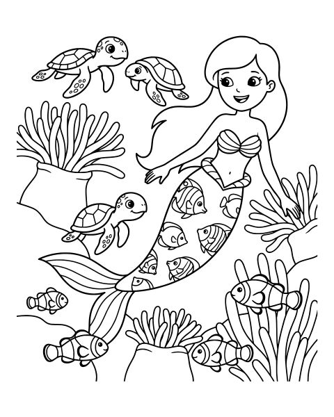 Mermaid Underwater Scene Coloring Page